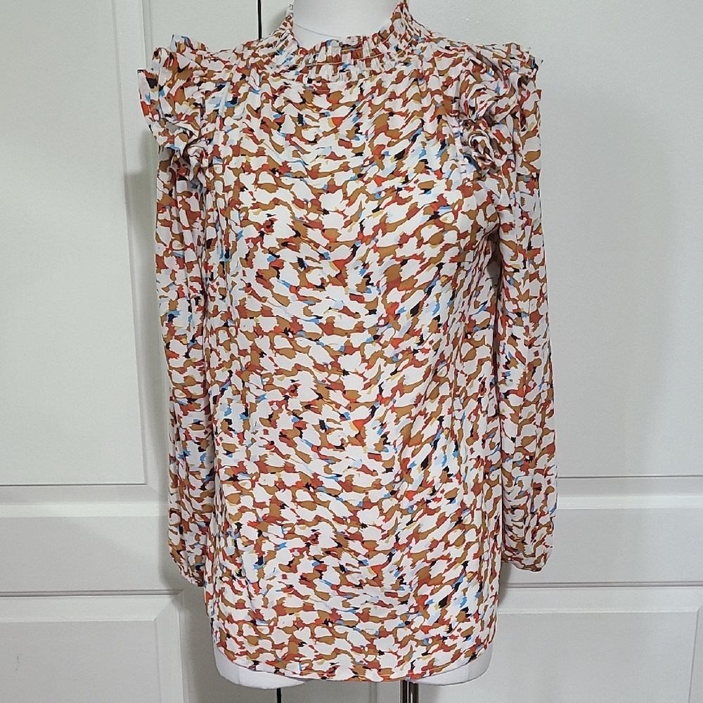 NWOT Abstract Pattern Long Sleeve Blouse With Ruffles